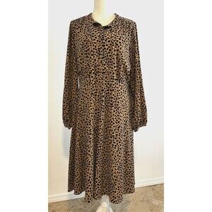 Gibson Latimer Dress Women SZ 12 Beige Animal Print Crew Neck Sheath Midi Lined